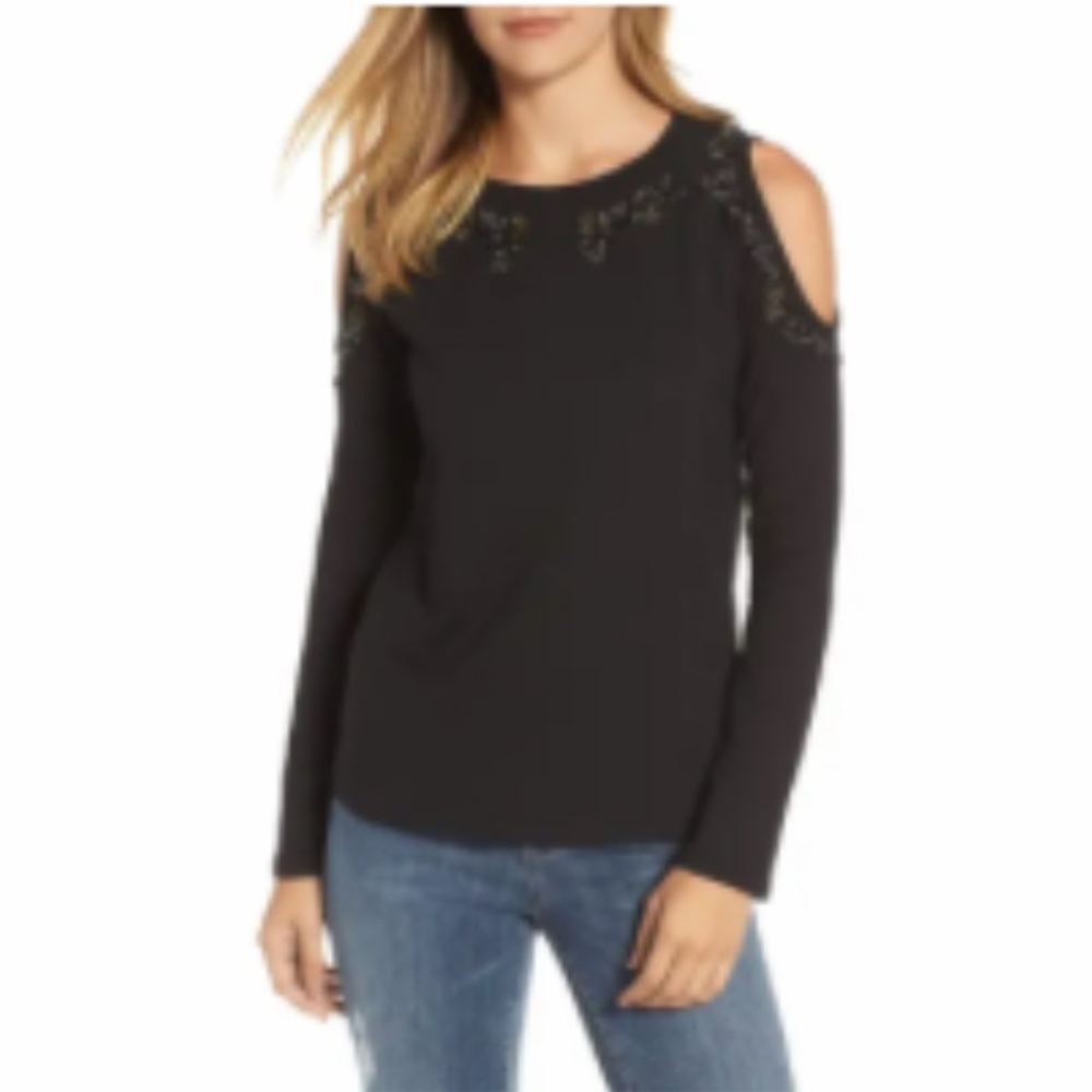Halogen Beaded Cold Shoulder Sweatshirt